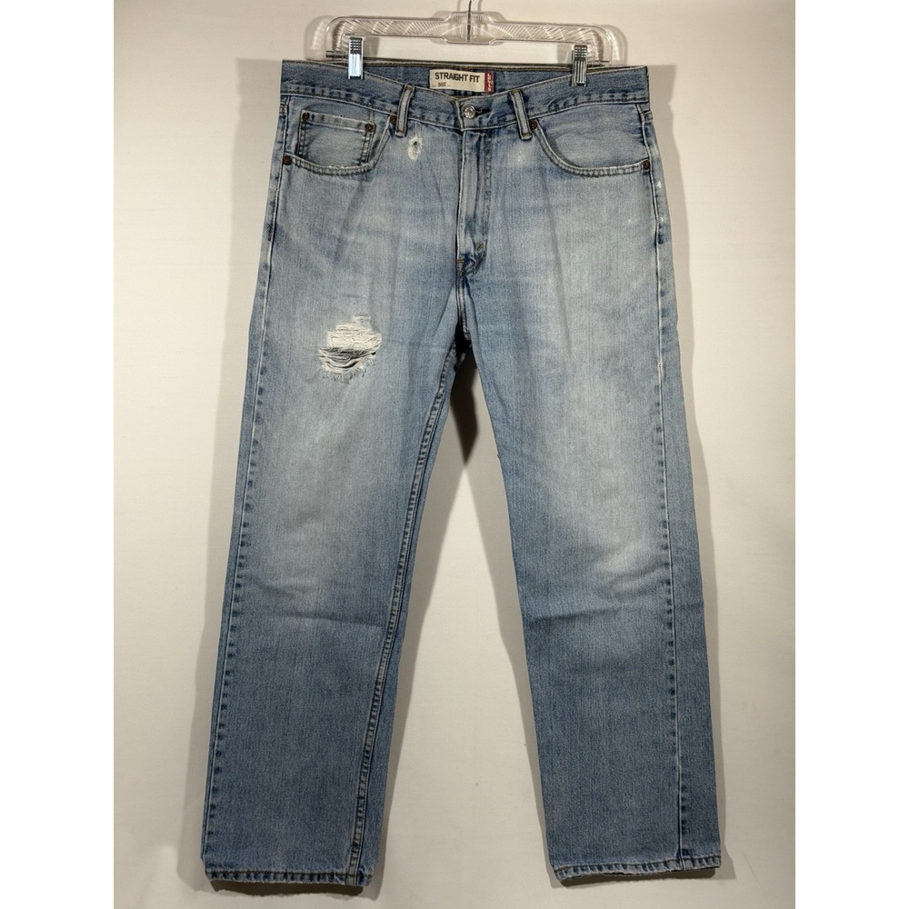 Levis 505 Straight Fit Jeans Mens 35x30 Light Wash Cotton Distressed Heritage
